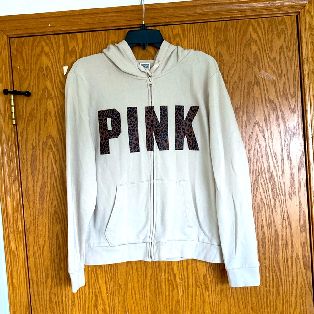 Victoria's Secret Cream Hoodie with Leopard PINK Logo